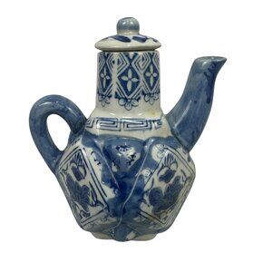 Vintage Blue & White Porcelain Teapot Floral Pattern Hexagonal Shape Made China